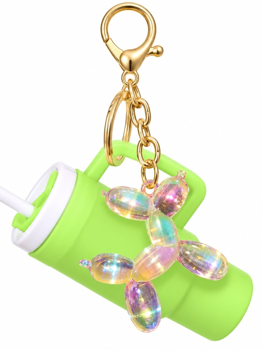 Green Cup Keychain with Pink Iridescent Balloon Dog Charm